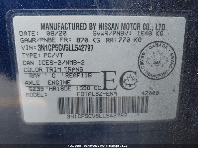 Продажа на аукционе авто 2020 Nissan Kicks Sv, vin: 3N1CP5CV5LL542797, номер лота: 12672081