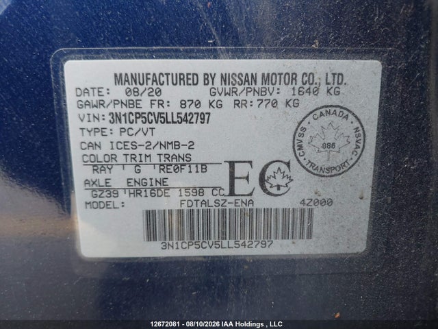 Продажа на аукционе авто 2020 Nissan Kicks Sv, vin: 3N1CP5CV5LL542797, номер лота: 12672081