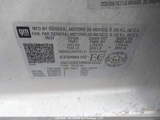 Auction sale of the 2022 Chevrolet Silverado 1500 Rst, vin: 3GCUDEED9NG614112, lot number: 12672095