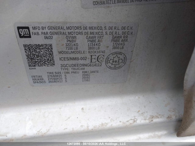 Auction sale of the 2022 Chevrolet Silverado 1500 Rst, vin: 3GCUDEED9NG614112, lot number: 12672095