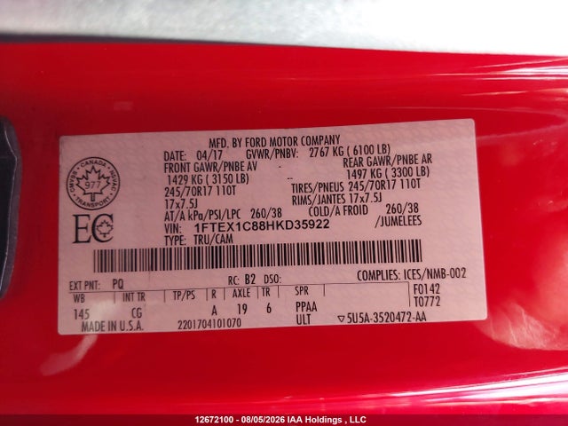 Ford F-150 Xl 2017 1FTEX1C88HKD35922 Image 9