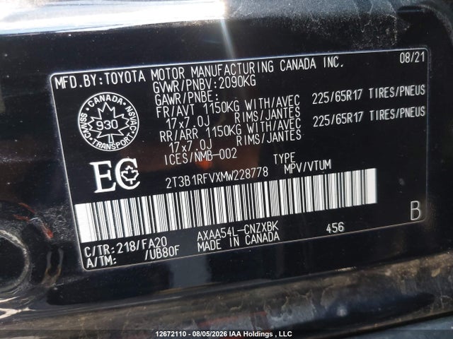 2021 Toyota Rav4 Le მანქანა იყიდება აუქციონზე, vin: 2T3B1RFVXMW228778, აუქციონის ნომერი: 12672110