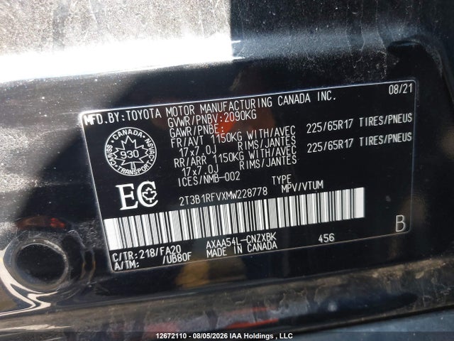 2021 Toyota Rav4 Le მანქანა იყიდება აუქციონზე, vin: 2T3B1RFVXMW228778, აუქციონის ნომერი: 12672110