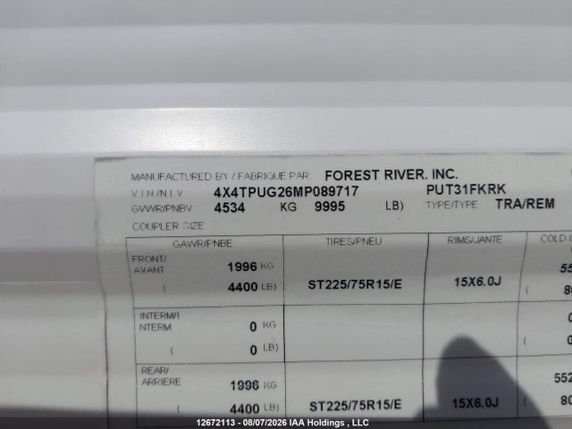 Продаж на аукціоні авто 2021 Forest River , vin: 4X4TPUG26MP089717, номер лоту: 12672113