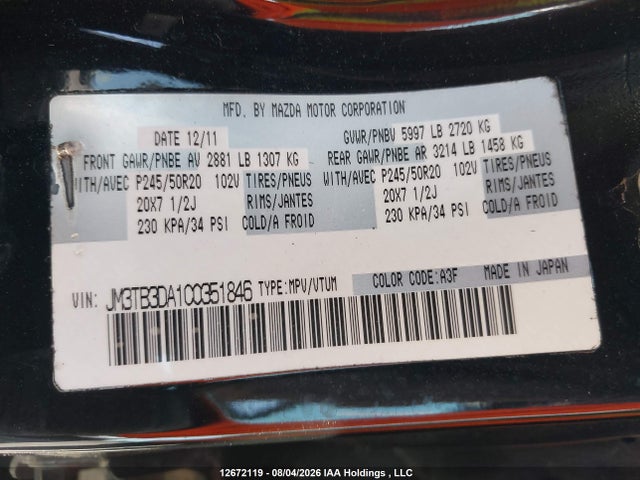 Aukcja sprzedaży 2012 Mazda Cx-9 Gt, vin: JM3TB3DA1C0351846, numer aukcji: 12672119