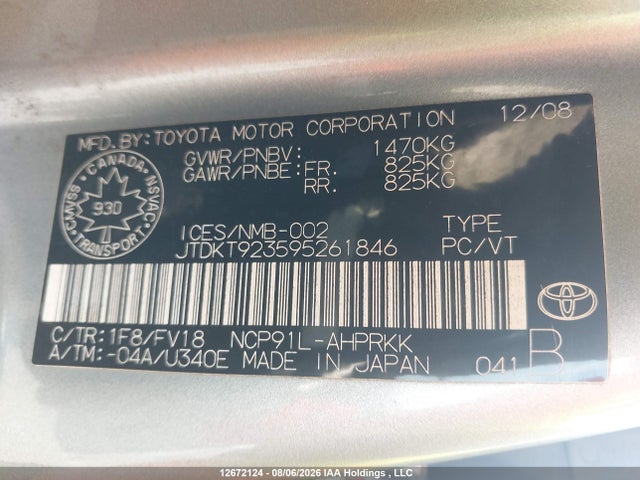 12672124 :رقم المزاد ، JTDKT923595261846 vin ، 2009 Toyota Yaris مزاد بيع