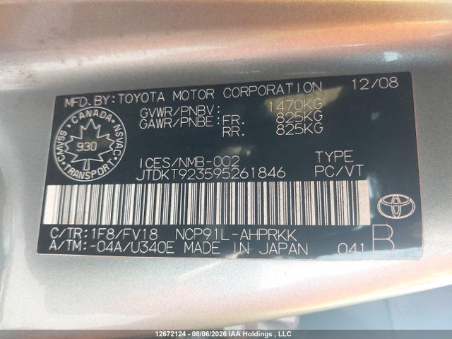 12672124 :رقم المزاد ، JTDKT923595261846 vin ، 2009 Toyota Yaris مزاد بيع