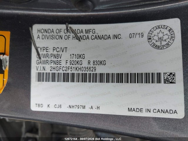 Honda Civic Lx 2019 2HGFC2F51KH035629 Image 9
