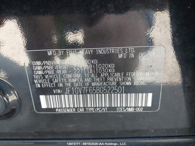Aukcja sprzedaży 2011 Subaru Impreza, vin: JF1GV7F65BG522501, numer aukcji: 12672171