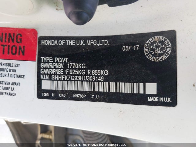 12672175 :رقم المزاد ، SHHFK7G93HU309149 vin ، 2017 Honda Civic مزاد بيع