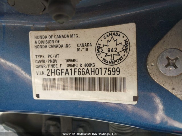 Продажа на аукционе авто 2010 Honda Civic, vin: 2HGFA1F66AH017599, номер лота: 12672182
