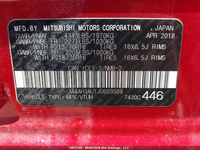 JA4AH3AU1JU603009 Mitsubishi RVR