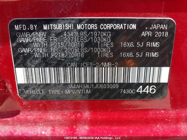 JA4AH3AU1JU603009 Mitsubishi RVR