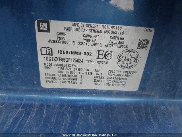 Продаж на аукціоні авто 2016 Chevrolet Silverado 2500 Hd, vin: 1GC1KXE85GF125024, номер лоту: 12672188