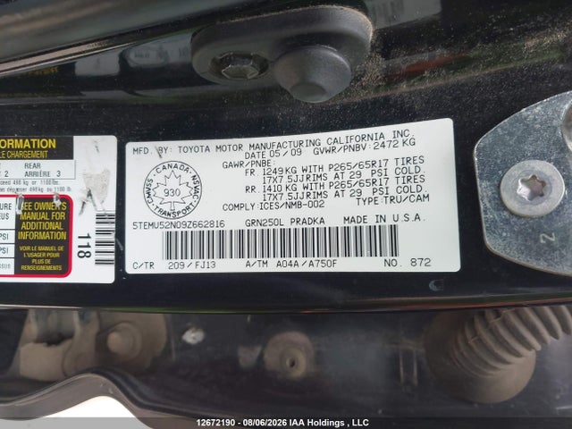 2009 Toyota Tacoma Double Cab Long Bed მანქანა იყიდება აუქციონზე, vin: 5TEMU52N09Z662816, აუქციონის ნომერი: 12672190