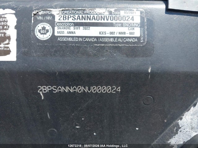 12672218 :رقم المزاد ، 2BPSANNA0NV000024 vin ، 2022 Skidoo  مزاد بيع