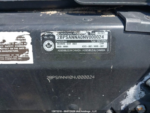 12672218 :رقم المزاد ، 2BPSANNA0NV000024 vin ، 2022 Skidoo  مزاد بيع
