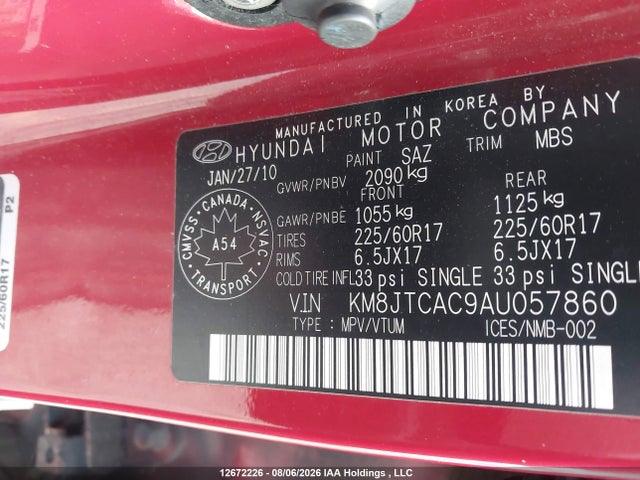 12672226 :رقم المزاد ، KM8JTCAC9AU057860 vin ، 2010 Hyundai Tucson Gl مزاد بيع