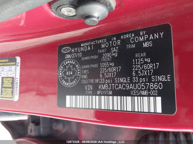 12672226 :رقم المزاد ، KM8JTCAC9AU057860 vin ، 2010 Hyundai Tucson Gl مزاد بيع