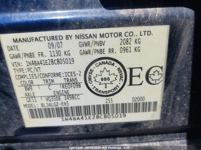 Aukcja sprzedaży 2008 Nissan Maxima, vin: 1N4BA41E28C805019, numer aukcji: 12672228