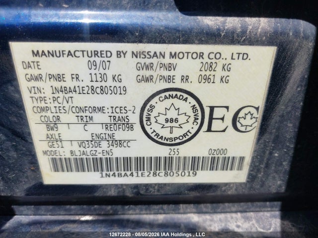 Aukcja sprzedaży 2008 Nissan Maxima, vin: 1N4BA41E28C805019, numer aukcji: 12672228