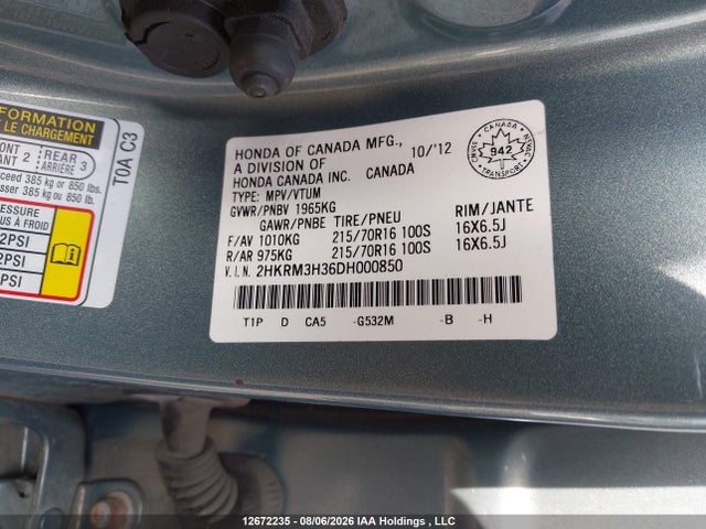 Продаж на аукціоні авто 2013 Honda Cr-v, vin: 2HKRM3H36DH000850, номер лоту: 12672235