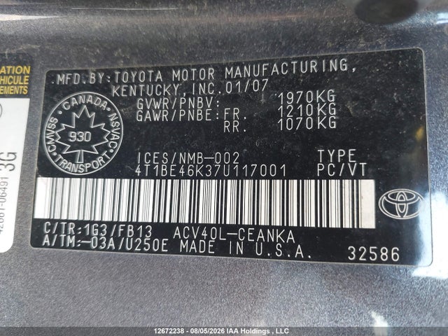 2007 Toyota Camry მანქანა იყიდება აუქციონზე, vin: 4T1BE46K37U117001, აუქციონის ნომერი: 12672238
