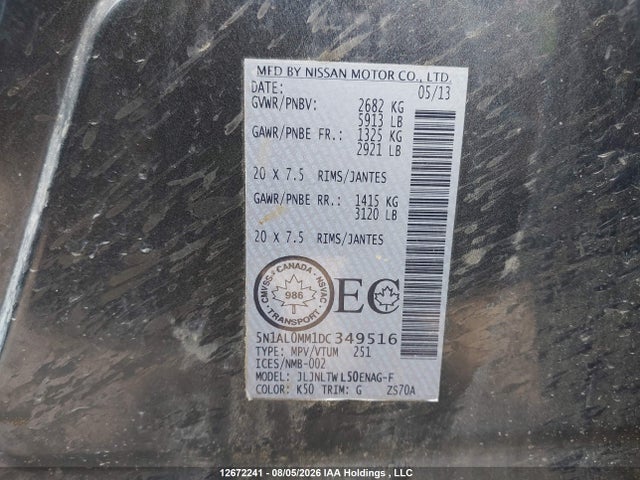 12672241 :رقم المزاد ، 5N1AL0MM1DC349516 vin ، 2013 Infiniti Jx 35 Awd مزاد بيع
