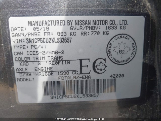 12672248 :رقم المزاد ، 3N1CP5CU2KL533657 vin ، 2019 Nissan Kicks S/sr/sv مزاد بيع