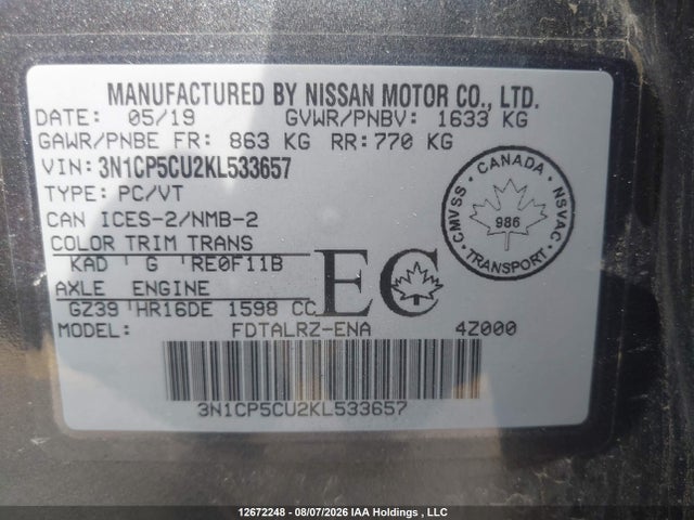 12672248 :رقم المزاد ، 3N1CP5CU2KL533657 vin ، 2019 Nissan Kicks S/sr/sv مزاد بيع