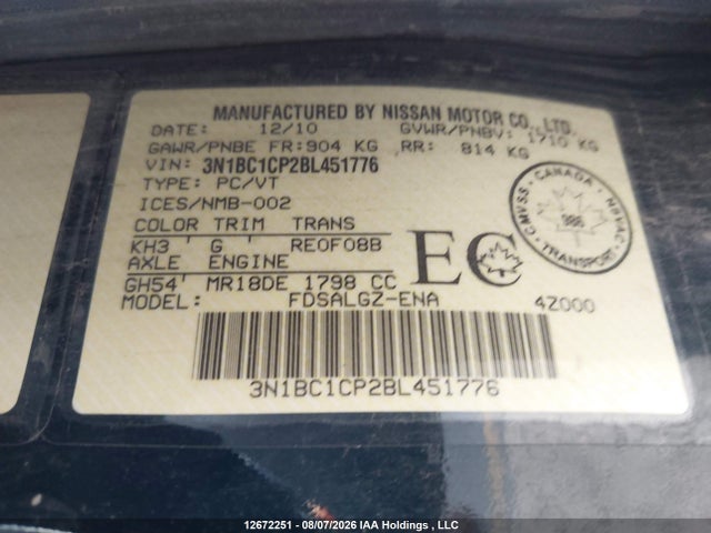 12672251 :رقم المزاد ، 3N1BC1CP2BL451776 vin ، 2011 Nissan Versa 1.8sl مزاد بيع