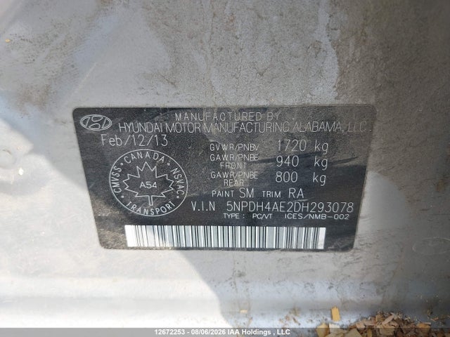 2013 Hyundai Elantra Gls/limited მანქანა იყიდება აუქციონზე, vin: 5NPDH4AE2DH293078, აუქციონის ნომერი: 12672253