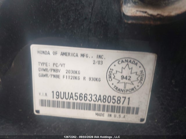12672262 :رقم المزاد ، 19UUA56633A805871 vin ، 2003 Acura Tl 3.2 مزاد بيع