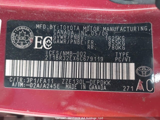 12672267 :رقم المزاد ، 2T1BR32EX6C679119 vin ، 2006 Toyota Corolla Ce/le/sport مزاد بيع