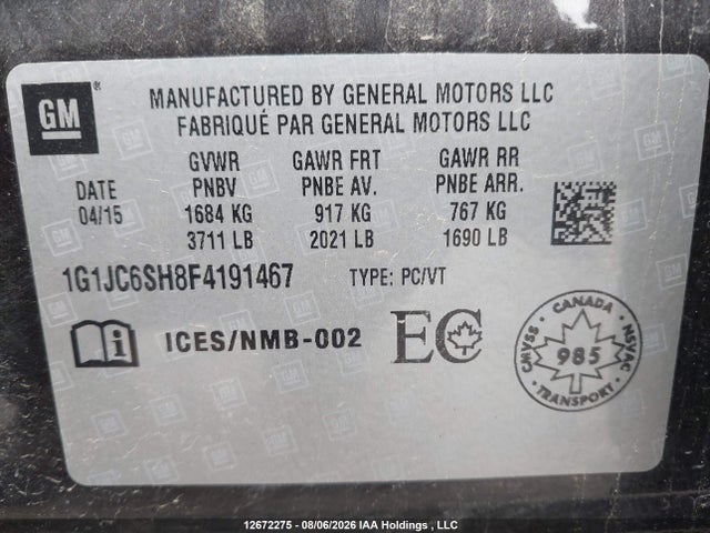 2015 Chevrolet Sonic Lt მანქანა იყიდება აუქციონზე, vin: 1G1JC6SH8F4191467, აუქციონის ნომერი: 12672275
