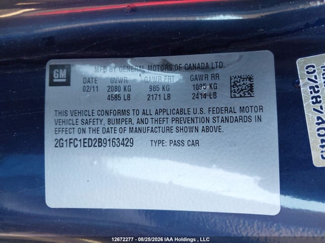 12672277 :رقم المزاد ، 2G1FC1ED2B9163429 vin ، 2011 Chevrolet Camaro 2lt مزاد بيع