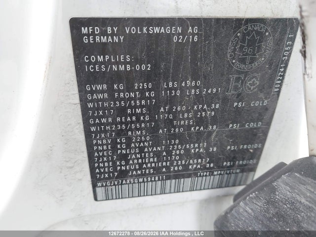 12672278 :رقم المزاد ، WVGJV7AX5GW594811 vin ، 2016 Volkswagen Tiguan Comfortline/highline/special Edition مزاد بيع