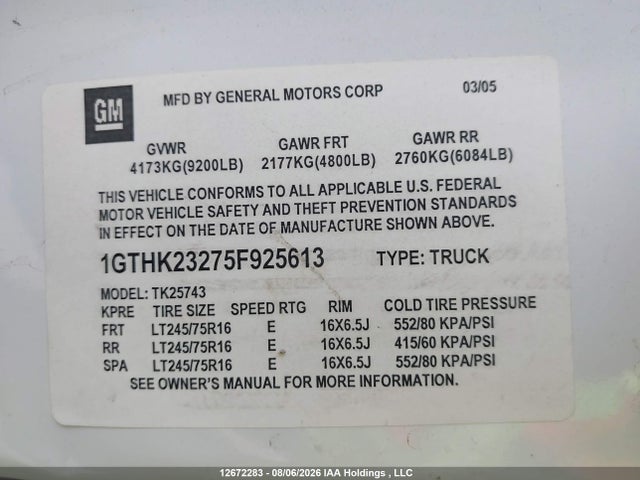2005 Gmc Sierra 2500hd Sle მანქანა იყიდება აუქციონზე, vin: 1GTHK23275F925613, აუქციონის ნომერი: 12672283