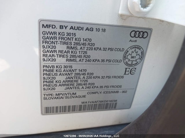 12672286 :رقم المزاد ، WA1VAAF78KD016238 vin ، 2019 Audi Q7 55 Technik مزاد بيع
