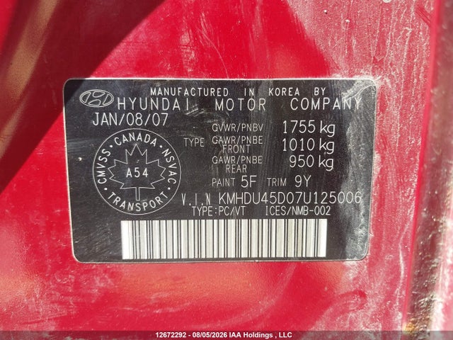 2007 Hyundai Elantra მანქანა იყიდება აუქციონზე, vin: KMHDU45D07U125006, აუქციონის ნომერი: 12672292