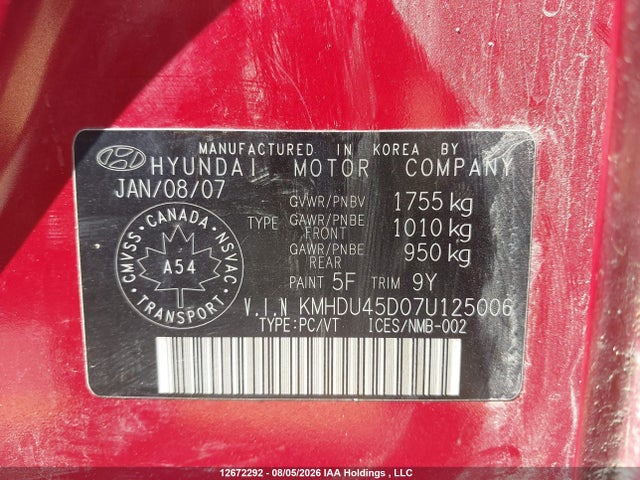 2007 Hyundai Elantra მანქანა იყიდება აუქციონზე, vin: KMHDU45D07U125006, აუქციონის ნომერი: 12672292