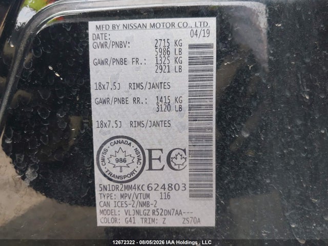 Продаж на аукціоні авто 2019 Nissan Pathfinder Platinum/s/sl Premium/sv Tech, vin: 5N1DR2MM4KC624803, номер лоту: 12672322
