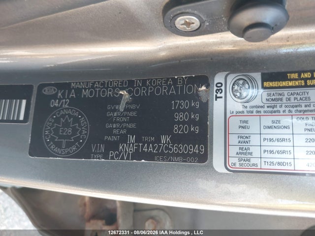 Aukcja sprzedaży 2012 Kia Forte 2.0l Lx, vin: KNAFT4A27C5630949, numer aukcji: 12672331