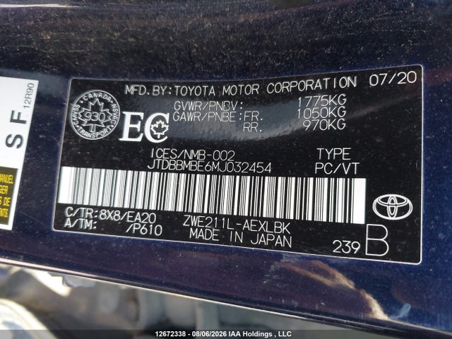 Toyota Corolla Hybrid 2021 JTDBBMBE6MJ032454 Image 9