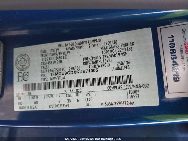 Ford Escape 2019 1FMCU9GDXKUB71005 Image 9