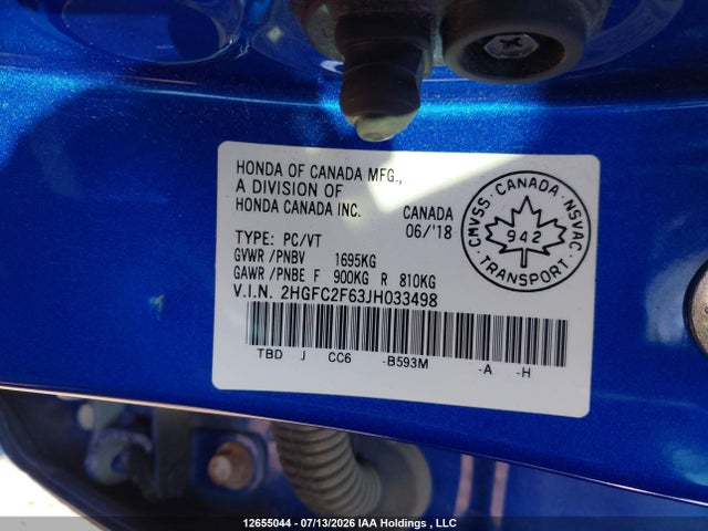 Honda CIVIC SE 2018 2HGFC2F63JH033498 Image 9