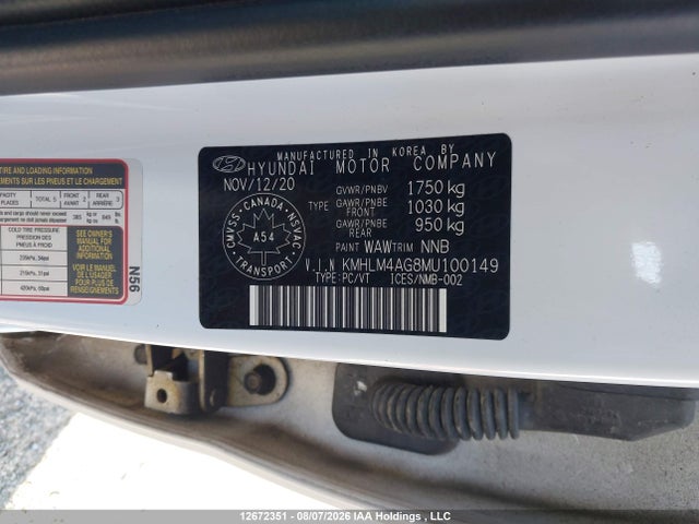 12672351 :رقم المزاد ، KMHLM4AG8MU100149 vin ، 2021 Hyundai Elantra Sel مزاد بيع