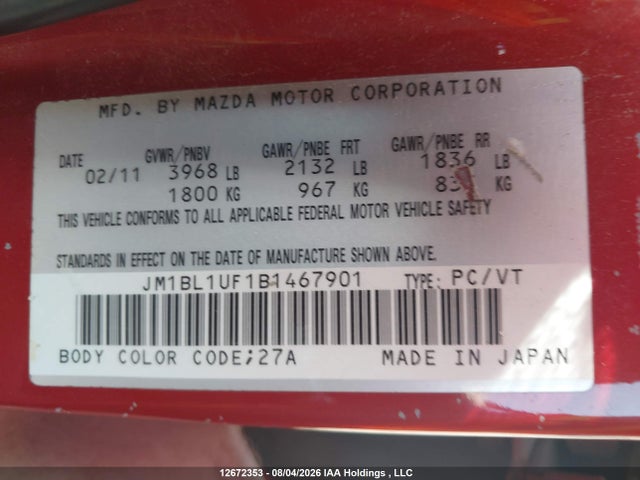 12672353 :رقم المزاد ، JM1BL1UF1B1467901 vin ، 2011 Mazda 3 I مزاد بيع