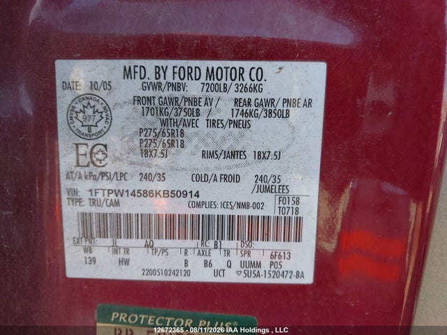 Aukcja sprzedaży 2006 Ford F-150 Fx4/lariat/xlt, vin: 1FTPW14586KB50914, numer aukcji: 12672365