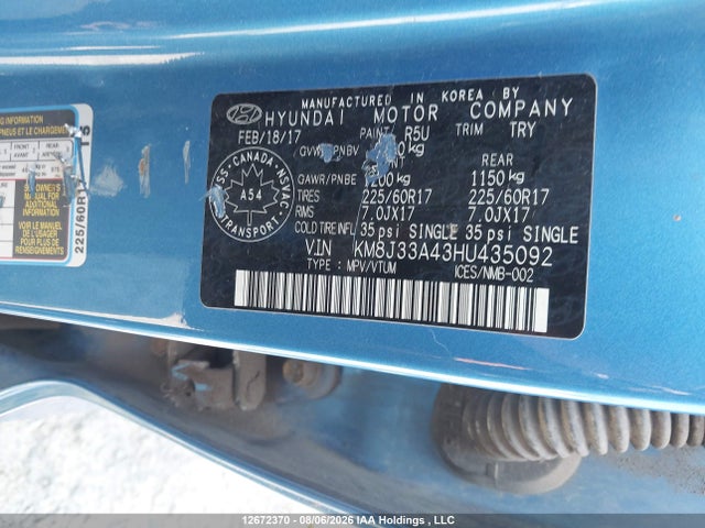 12672370 :رقم المزاد ، KM8J33A43HU435092 vin ، 2017 Hyundai Tucson Premium مزاد بيع